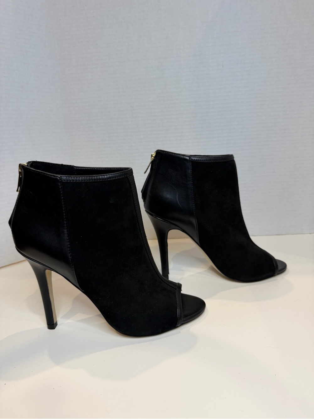 Renvy Black Suede & Leather Peep-Toe Ankle Booties